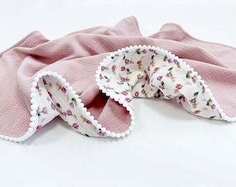 Manta de guardería con temática floral, manta de algodón orgánico suave para el verano, regalo único para niñas, primera manta para bebés, manta floral rosa
