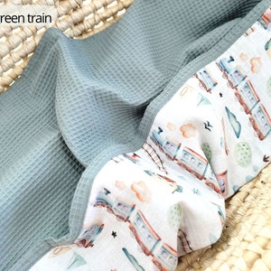 Natural Baby blanket from Organic cotton, Beige Neutral neworn swaddle blanket, Unique newborn gift, First baby blanket from cotton old green train