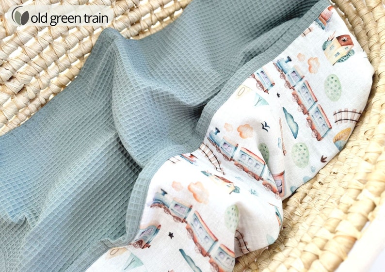 Natural Baby blanket from Organic cotton, Beige Neutral neworn swaddle blanket, Unique newborn gift, First baby blanket from cotton old green train