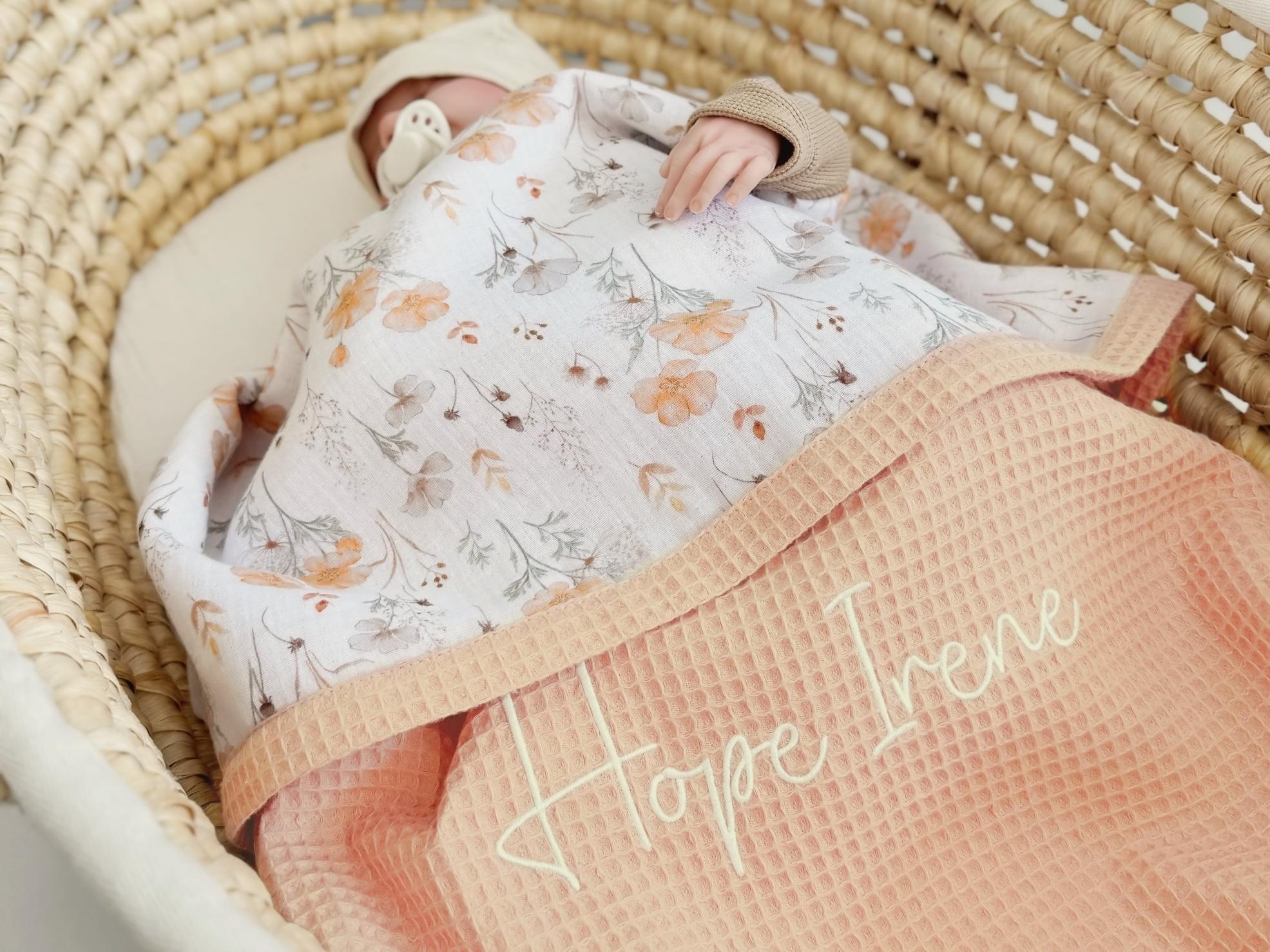 Personalized Organic Cotton Baby Blanket, Personalized Waffle Blanket, Custom Embroidered Name, Baby Shower Gift Girl, Woodland Nursery