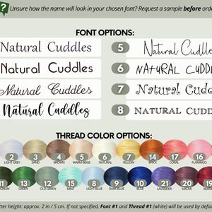 May include: A font and thread color chart featuring eight numbered font styles displaying the text Natural Cuddles and twenty-two numbered circular thread color swatches with labels. Includes text regarding font samples and a 2-inch letter height.