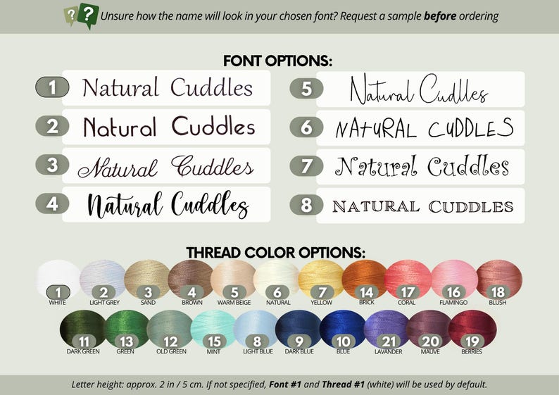 May include: A font and thread color chart featuring eight numbered font styles displaying the text Natural Cuddles and twenty-two numbered circular thread color swatches with labels. Includes text regarding font samples and a 2-inch letter height.