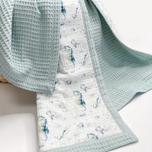 Coperta per neonato a nido d&#39;ape a tema mare, regalo premium per baby shower, coperta con nome, fascia in cotone biologico al 100%