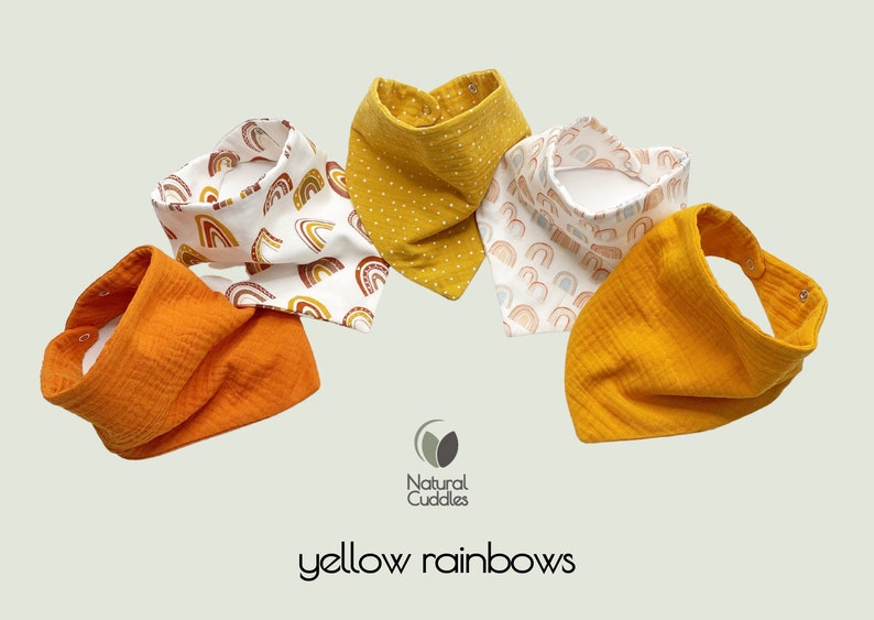 Baby bib waterproof, Muslin bandana bibs, Baby boy burp cloth 100% organic baby cotton Newborn baby gift Baby boy yellow rainbows