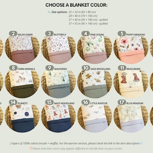 May include: A color chart for blankets featuring 18 numbered options with various patterns and solid waffle-textured fabrics. Text includes CHOOSE A BLANKET COLOR, size options from 25 x 32 inches to 37 x 55 inches, and pattern names like Rabbits, Safari, and Planets.