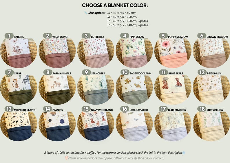 May include: A color chart for blankets featuring 18 numbered options with various patterns and solid waffle-textured fabrics. Text includes CHOOSE A BLANKET COLOR, size options from 25 x 32 inches to 37 x 55 inches, and pattern names like Rabbits, Safari, and Planets.