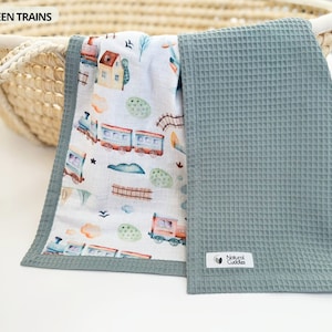 Neutral Organic cotton Super soft Personalized baby blanket girl Waffle baby blanket Stroller blanket Organic Rainbow baby muslin blanket old green trains