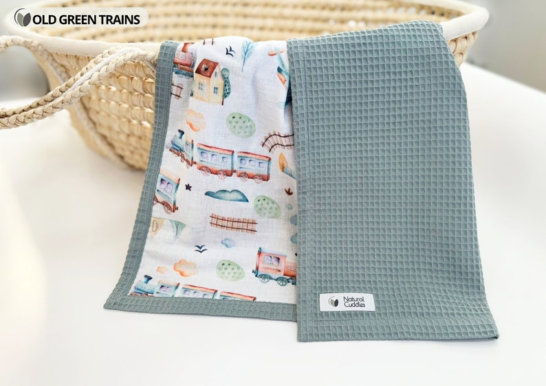 Neutral Organic cotton Super soft Personalized baby blanket girl Waffle baby blanket Stroller blanket Organic Rainbow baby muslin blanket old green trains