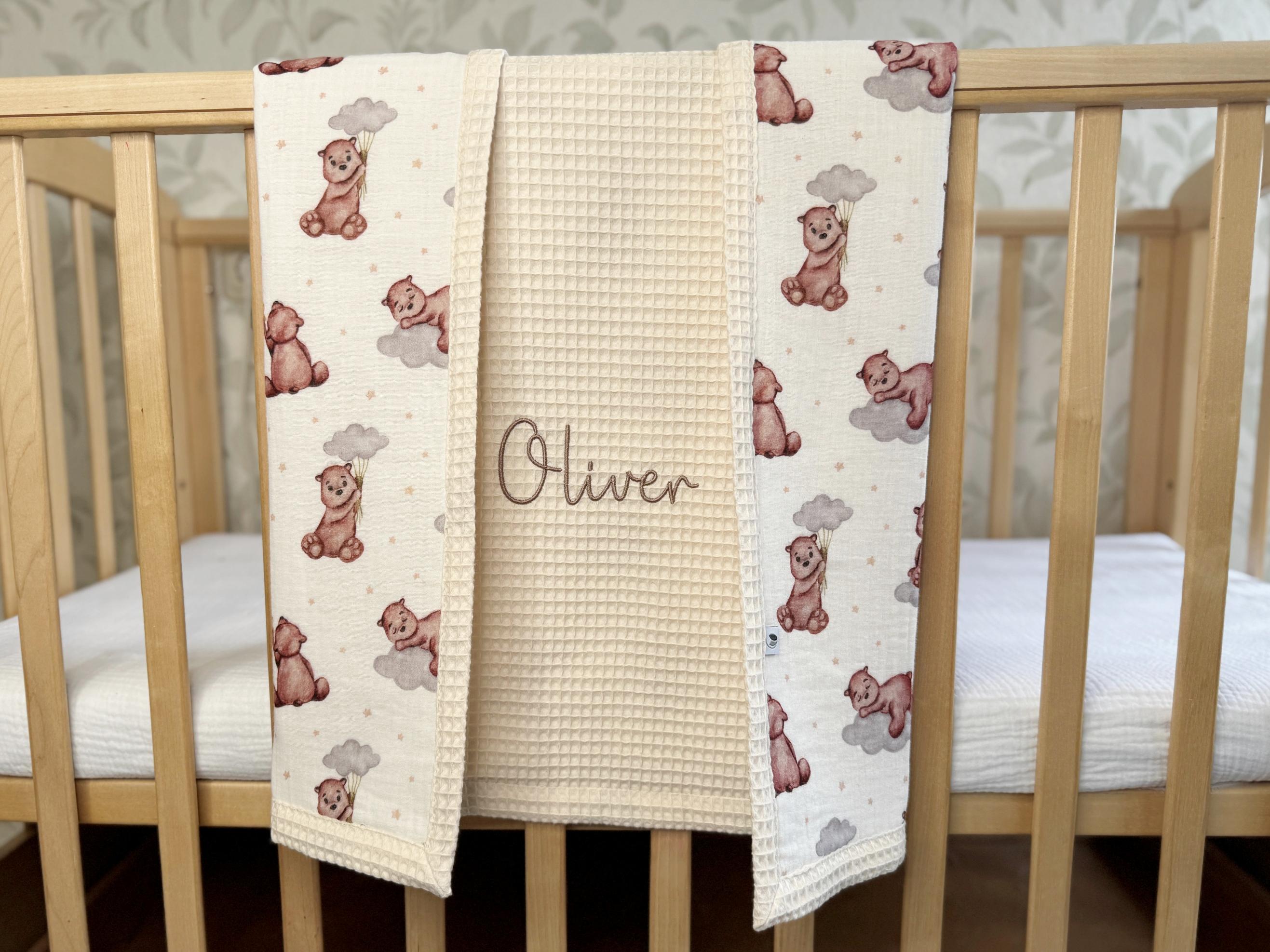 Soft 100% Cotton Baby Blankets, Handmade in Europe, Premium Waffle Cotton, Soft Lightweight Newborn Blanket, Embroidered Name Christmas Gift