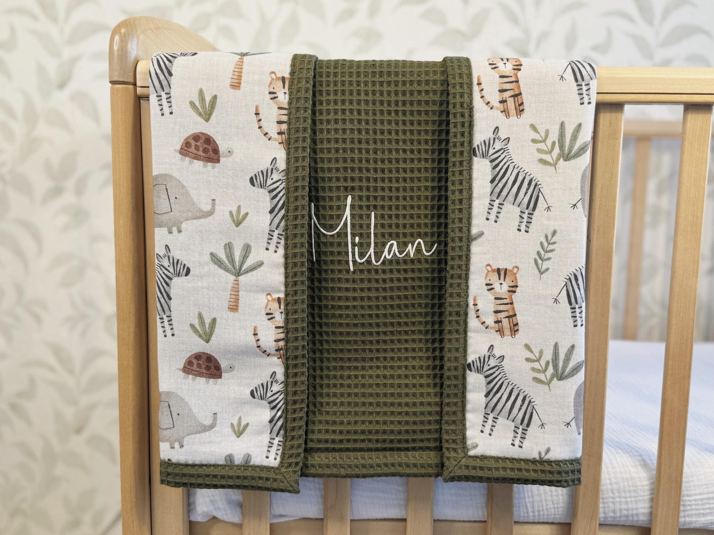 Embroidered Name Baby Blanket, Personalized Baby Blanket, Organic Cotton Muslin Swaddle, Lightweight Woodland Summer Blanket