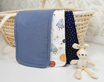 Muslin Burp Cloths for Newborns, Set of 3 Absorbent Shoulder Burp Pads, Organic Cotton Baby Essentials, Baby Boy Gift, Galaxy Nursery