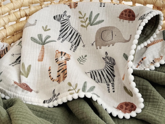 Personalized Organic Muslin Baby Blanket, Safari Animals, Embroidered Name
