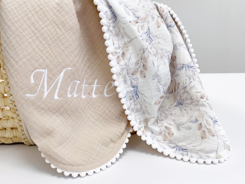 Personalised Baby blanket from Organic cotton Baby gift for newborn Baby receiving blanket Embroidered Super soft baby blanket Baby wrap beige leaves