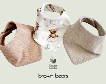 Beige Muslin Bandana slabbetje, Absorberende laag van zacht biologisch katoenen baby unisex spuugdoekje, Uniek babycadeau