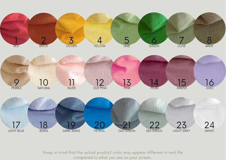 Puede incluir: Una carta de colores con 24 muestras de tela en varios tonos, desde el rojo y amarillo hasta el verde y azul, adem&aacute;s de tonos neutros. Cada muestra est&aacute; numerada y etiquetada con un nombre de color, como "Rojo", "Jeans" y "Blanco".
