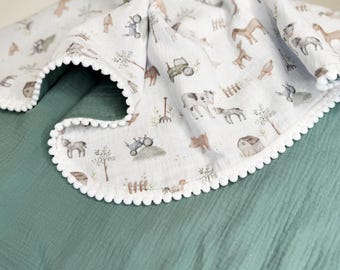 Muslin Summer Blanket – Embroidered Name Blanket – Personalized Baby Gift – Soft & Lightweight Newborn Blanket – Farm Themed Nursery