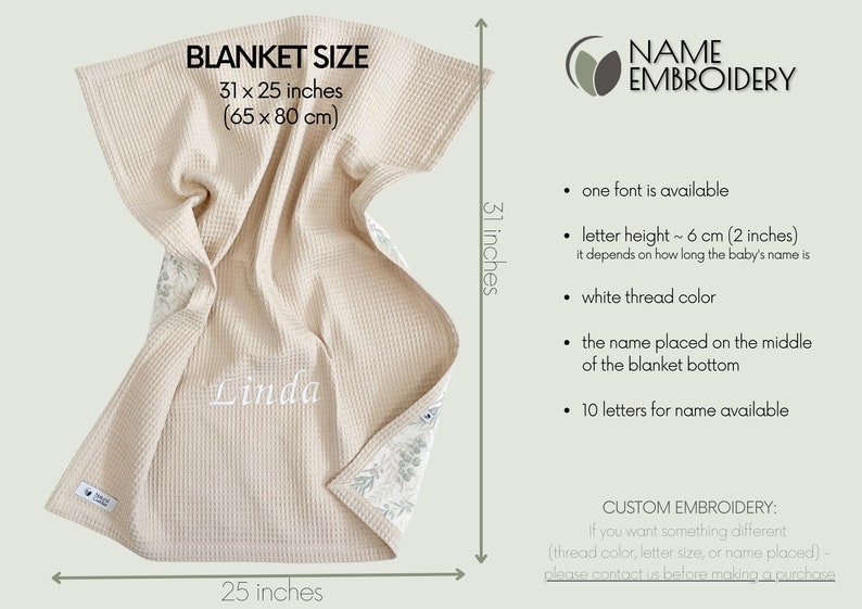 Manta de gofre para bebé personalizada de primavera, manta beige con nombre para recién nacido, envoltorio de muselina orgánica o manta de cuna imagen 6