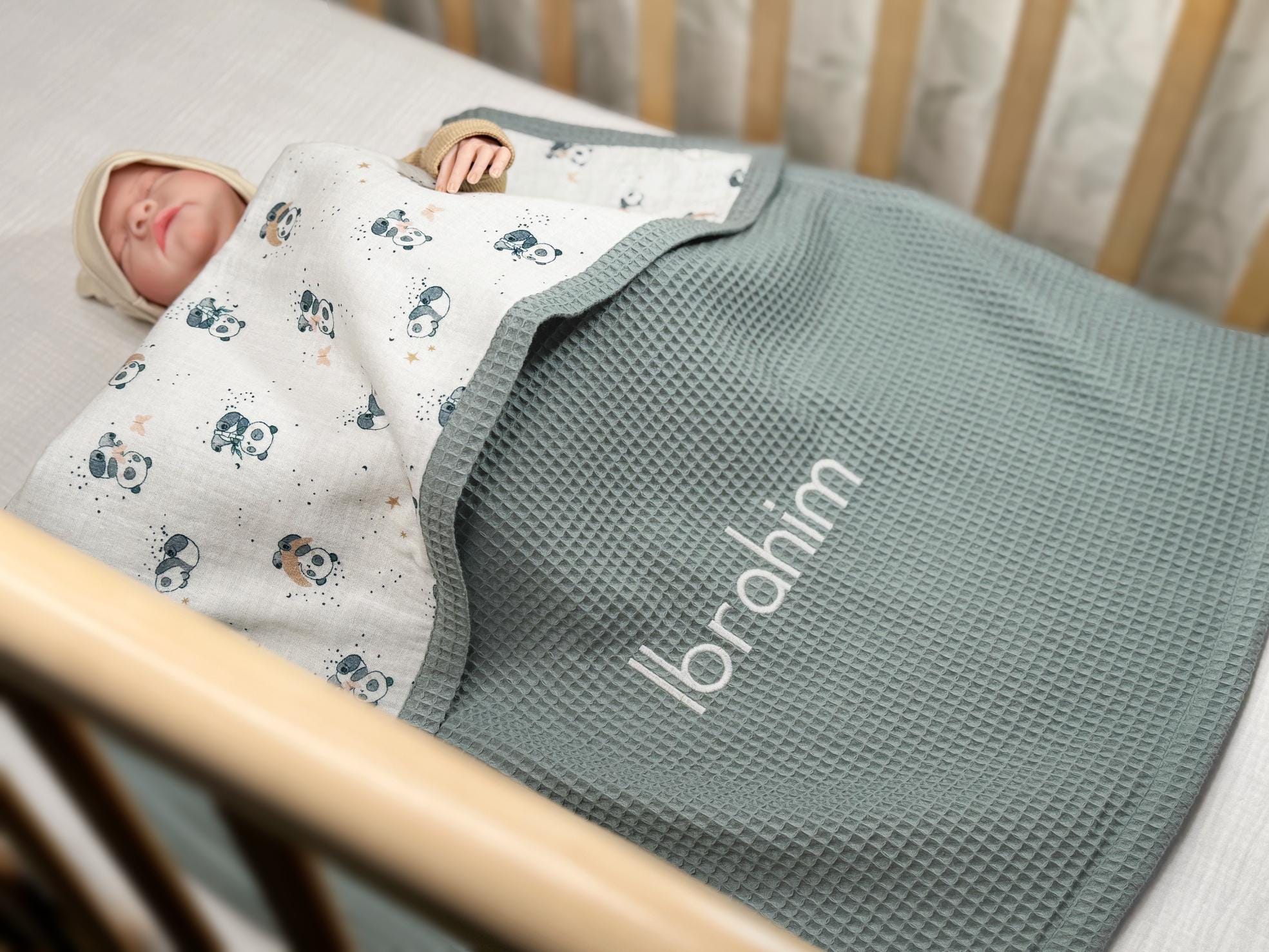 Personalized Organic Cotton Baby Blanket, Personalized Waffle Blanket, Custom Embroidered Name, Baby Shower Gift Girl, Woodland Nursery
