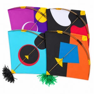 May include: A collection of colorful kites in various designs. The kites feature bright colors like purple, blue, black, and orange, with geometric shapes and decorative tails. Each kite has a wooden frame and a yellow accent.