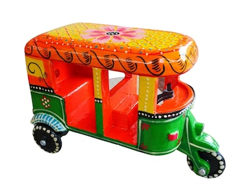 Hand Painted Wooden Indian Rickshaw Decor Art Eid Diwali Gift, for event decoration.