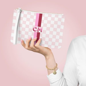 Luxus Clutch Monogramm Mini Geldbörse Make-up Tasche Personalisierte Armband Initialen Monogrammiert Vegan Leder Clutch Geldbörse Reißverschluss Beutel Karo
