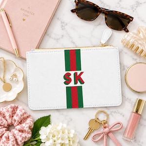 Monogrammed Makeup Bag – White Shadow Monogram Pouch with Custom Stripe, Vegan Leather Coin Purse or Wristlet Clutch, Bridesmaid Gift