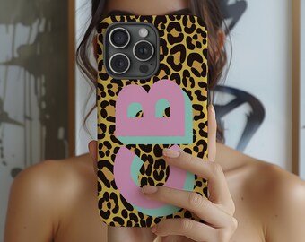 iPhonegeval gepersonaliseerde naam dier iPhonegeval luipaard iPhonegeval koraal lila schaduw monogram iPhone 16 15 14 13 S aangepaste iPhone 12 hoes