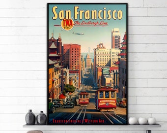 San Francisco poster TWA. San-Francisco TWA Airline vintage travel poster art. Wall art gift idea home decor.