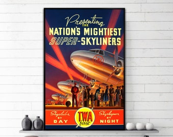 Vintage travel poster TWA Vintage travel poster Twa Skyliners . TWA wall art vintage decoration gift idea .