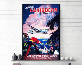 Vintage Pan Am World Airways Caribbean by Clipper poster. Vintage Pan American Airways travel poster. Vintage wall art gift idea decor.