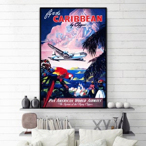 Vintage Pan Am World Airways Caribbean by Clipper poster. Vintage Pan American Airways travel poster. Vintage wall art gift idea decor.