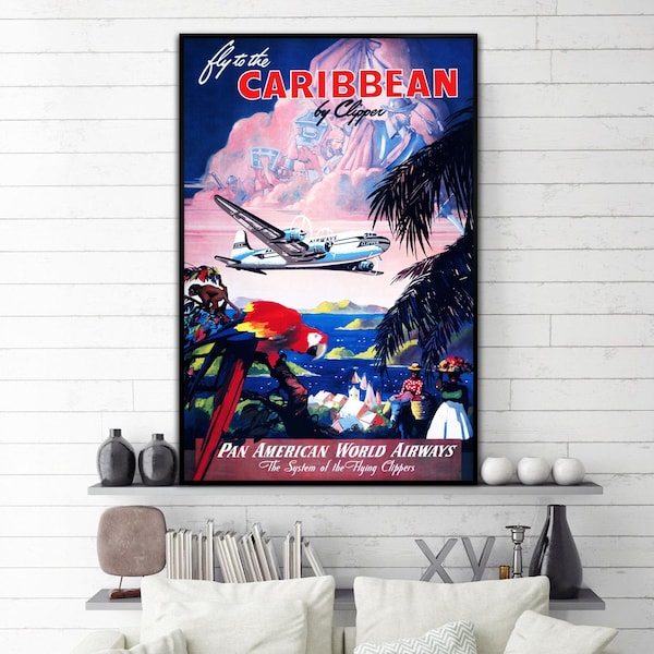 Affiche vintage Pan Am World Airways Caribbean by Clipper. Poster vintage voyage Pan American Airways. Art mural vintage idée cadeau déco.