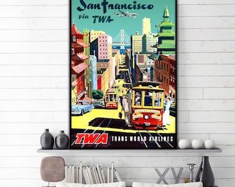 Pôster de viagem vintage da TWA de São Francisco. Pôster vintage da TWA de São Francisco, ideia de presente para decoração de parede.
