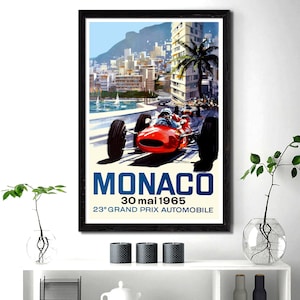 Vintage poster 23rd Grand Prix Monaco 1965. Vintage car racing wall art. Vintage poster gift idea home decor.
