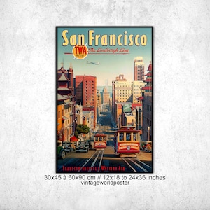 San Francisco poster TWA. San-Francisco TWA Airline vintage travel poster art. Wall art gift idea home decor.