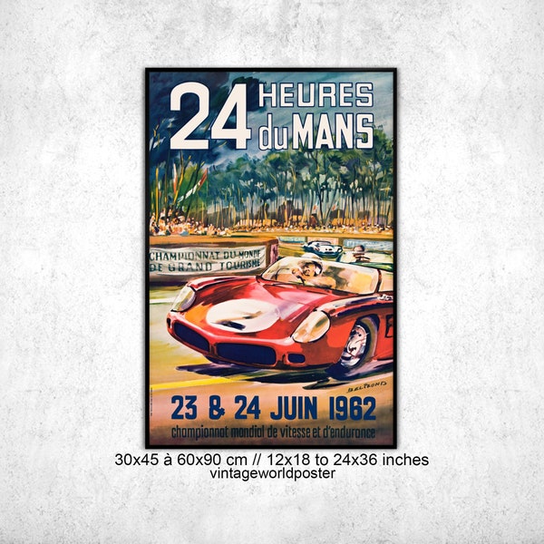 Affiche vintage Championnat 24 Heures du Mans 1962. Art mural vintage course automobile. Poster vintage idée cadeau décoration d'intérieur .