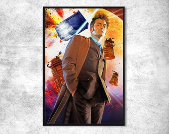 May include: A digital painting of a man in a brown suit and a blue tie, standing in front of a blue police box and several Daleks. The background is a colorful, abstract design.