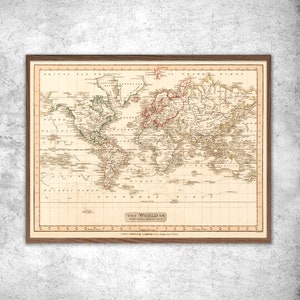 Carte ancienne du monde selon la projection de Mercator d'après Charles Smith en 1808. Poster vintage du monde. Carte ancienne du monde.