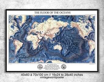 Old map of the ocean floors and land relief. Vintage poster of the world. Old map. Wall art decoration vintage poster.