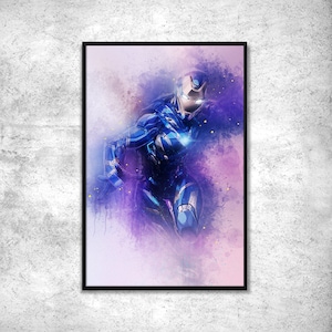 May include: A digital painting of a superhero in a blue and silver suit with a purple and pink watercolor background.