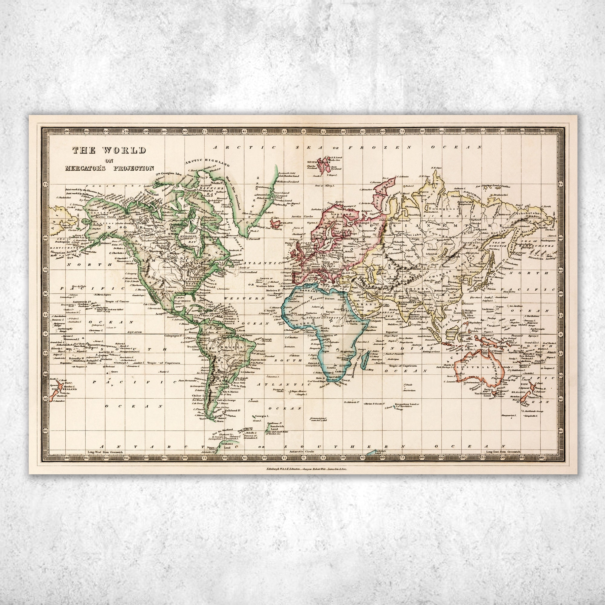 1839年ジョンストン作のアンティーク世界地図。ヴィンテージ世界地図