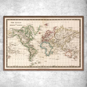 Carte ancienne du monde par Johnston en 1839. Poster vintage du monde. Carte ancienne Mercator. Art mural décoration affiche vintage.