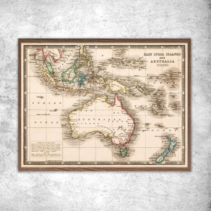 Carte ancienne des Îles des Indes orientales et de l'Australie par Johnston 1839. Poster vintage du monde. Carte ancienne du monde vintage.