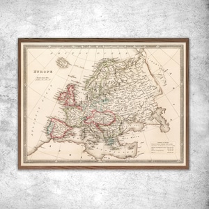 Carte ancienne Europe par Johnston 1839. Poster vintage du monde. Carte ancienne du monde. Art mural décoration affiche vintage.