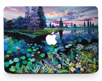 Oil Painting Forest Scene Hard Rubberized Laptop Case Lake Lotus Pink Sunset for Macbook Air 11/13 Pro13/14/15/16 2008-2022 +Keyboard Cover
