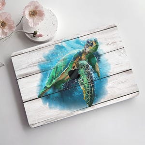 Minimalism Wood Grain Sea Turtle Painting Hard Case Rubberized Cute Animal Laptop Cover for Macbook Air Pro 13/14/15/16 2008-2024+ Kb Skin