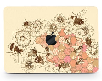 Hexagon Bee Daisy Painting Hard Case Laptop Shell Animal Print Rubberized Cover for Macbook Air 11/13 Pro 13/15/16 2008-2023 +Keyboard Skin