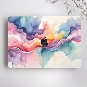 May include: Abstract watercolour design laptop skin with a colourful, swirling pattern of pink, blue, yellow, and green. The design features a white background with a black Apple logo.