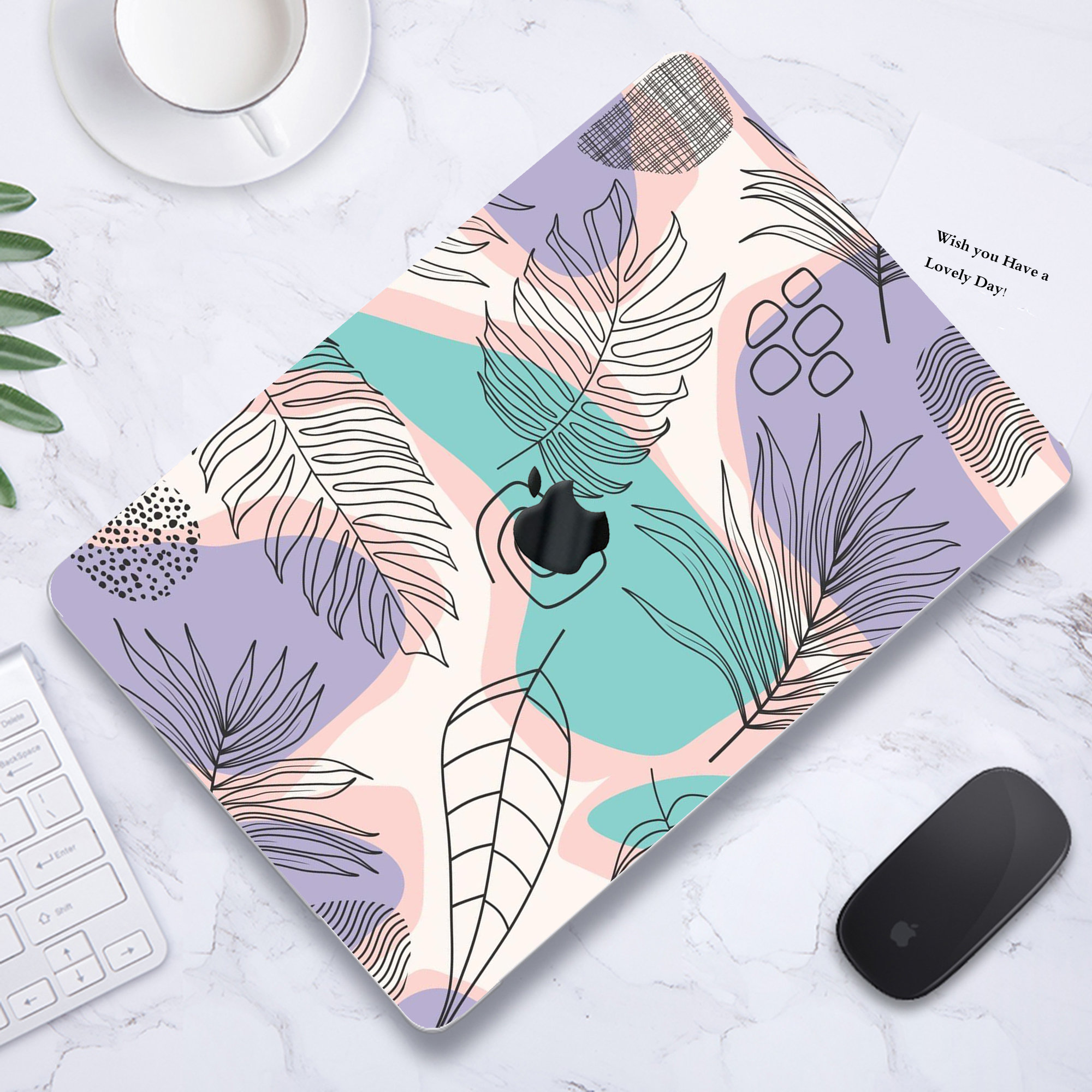 Purple Blue Pink Pastels Black Leaf Line Drawing Print Laptop Case Hard Rubberized Cover for Macbook Air Pro 13/14/15/16 2008-2021 Keyboard