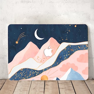 Pink Mountains Landscape Painting Celestial Sun Moon Star Hard Rubberized Laptop Illustration Case for Macbook Air Pro 13/14/15/16 +KB Cover